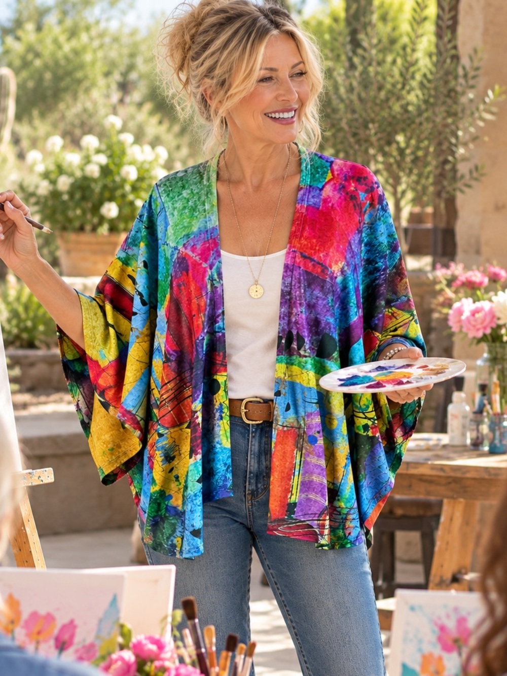 ET’LOIS Colorful Abstract Art Kimono Cardigan Shawl O/S Artsy Boho Poly Spandex